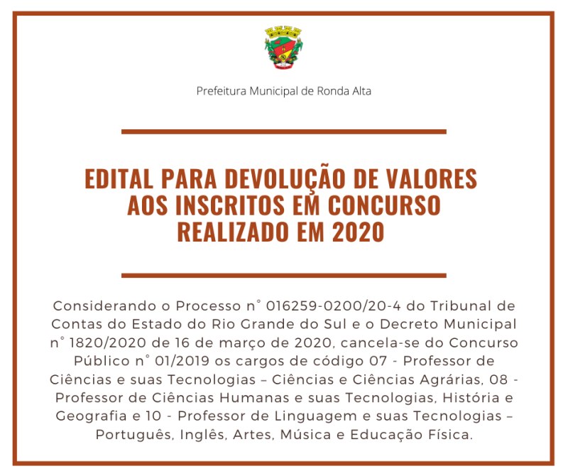 EDITAL DE DEVOLUÇÃO DE VALORES DE CONCURSO 